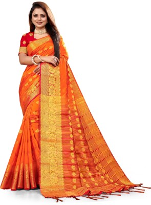 ANISSA SAREE Woven Kanjivaram Art Silk Saree(Orange)