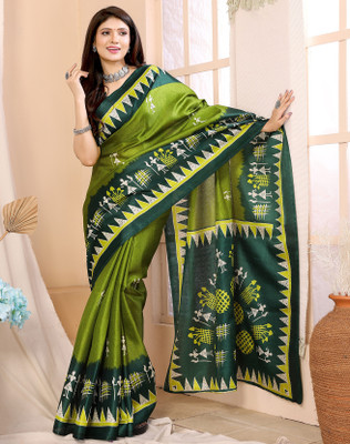YASHIKA Printed Kalamkari Silk Blend, Art Silk Saree(Green)