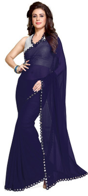 MIRCHI FASHION Embellished, Solid/Plain Bollywood Georgette Saree(Dark Blue)