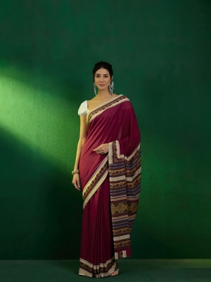 Vichitra Printed, Temple Border Daily Wear Crepe, Silk Blend Saree(Maroon)