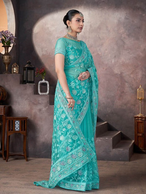 ANOUK Embroidered Daily Wear Net Saree(Blue)