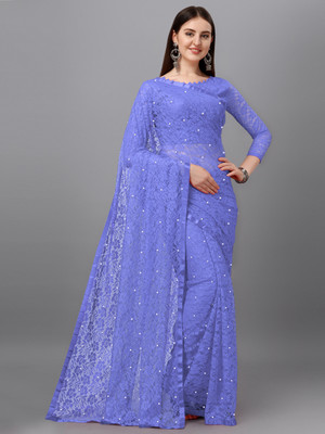 LOROFY Embellished Lucknow Chikankari Net, Lycra Blend Saree(Dark Blue)