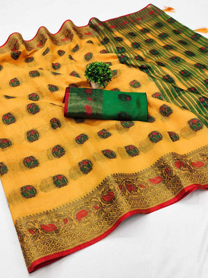 Soham Enterprise Self Design, Embellished, Paisley, Temple Border, Printed, Woven Kanjivaram Cotton Silk, Art Silk Saree(Yellow)