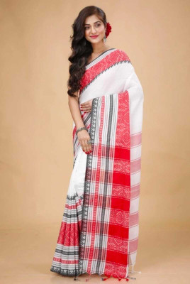 RSN SHREE Solid/Plain Handloom Pure Cotton Saree(White, Red)