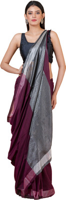 Durga Handlooms Solid/Plain Handloom Cotton Linen Saree(Purple)