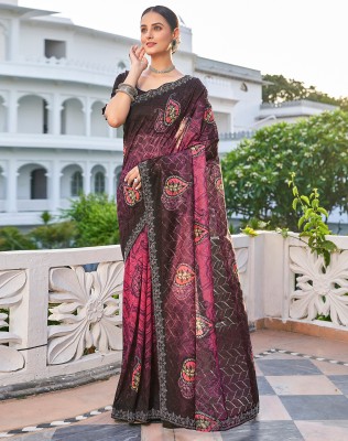 SIRIL Printed, Embellished Bollywood Net Saree(Pink, Black, Multicolor)