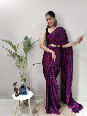 VISVASTA Self Design, Woven, Printed, Floral Print, Striped Bollywood Chiffon, Silk Blend Saree(Purple)