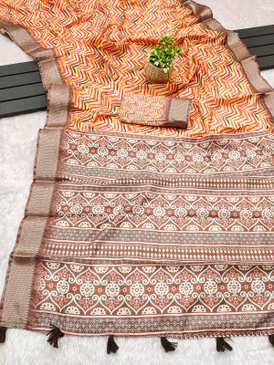 ALAGINI Digital Print Gadwal Cotton Blend Saree(Orange)