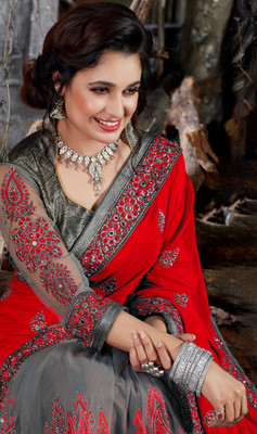 Manokamna Embroidered, Embellished Bollywood Net Saree(Grey, Red)