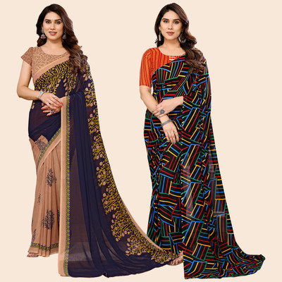 kashvi sarees Self Design, Printed Daily Wear Georgette Saree(Pack of 2, Beige, Dark Blue, Multicolor)