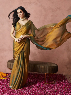 Jinal & Jinal Solid/Plain Bollywood Chiffon Saree(Gold)