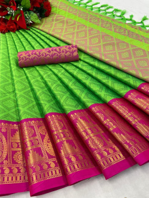 Aika Self Design Banarasi Cotton Silk Saree(Dark Green)