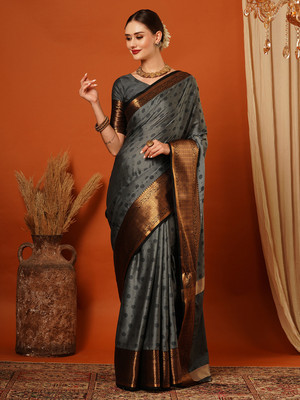 HouseOfCommon Woven, Self Design, Embellished Bollywood Cotton Silk, Jacquard Saree(Grey, Black, Gold)