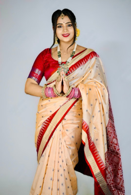 ETHNIC SAREES Bharat Temple Border, Woven Sambalpuri Art Silk Saree(Orange, Red)