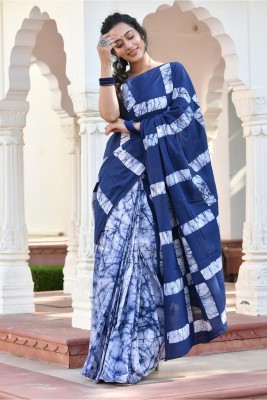 shreeji ecom Printed Ikkat Pure Cotton Saree(Dark Blue)