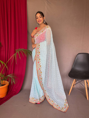 Navantika Embroidered, Self Design Bollywood Georgette Saree(Light Blue)