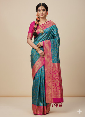 LOKAVANYA Woven Banarasi Cotton Silk Saree(Blue)