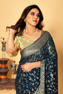 JiproStore Printed Bollywood Georgette Saree(Dark Blue)