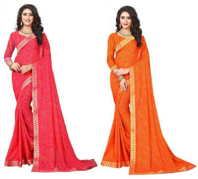 Kanooda Prints Printed Bollywood Georgette Saree(Pack of 2, Pink, Orange)