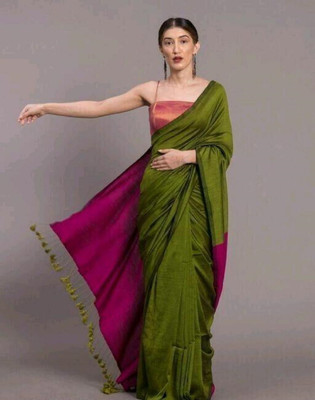 BRYNBRIT Solid/Plain Handloom Cotton Blend Saree(Dark Green)