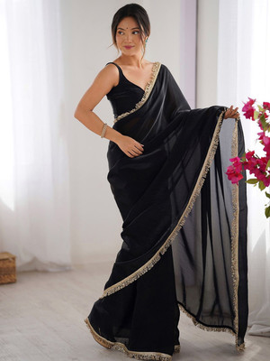 TTH Solid/Plain Bollywood Jute Silk Saree(Black)