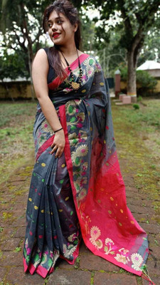 HouseOfCommon Self Design, Solid/Plain Tant Cotton Silk Saree(Grey)