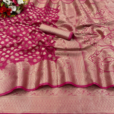 DHARM CREATION Self Design Banarasi Organza Saree(Pink)