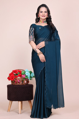 saanvi Solid/Plain, Self Design, Embroidered Bollywood Jimmy choo, Chiffon Saree(Blue)