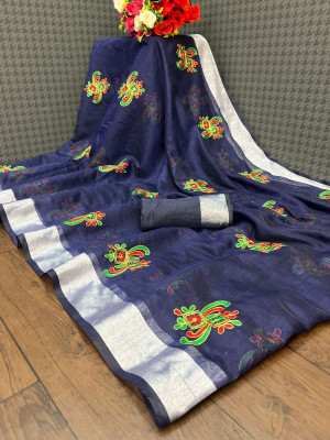 KRIVITY Embroidered Chanderi Cotton Linen Saree(Dark Blue)