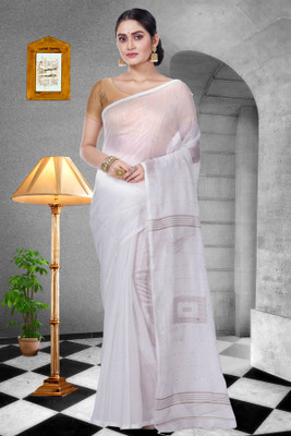 PuJoy Solid/Plain, Woven Handloom Cotton Blend Saree(White)
