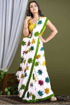Bella Worth Printed Handloom Pure Cotton Saree(White)