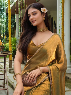 ANJAVI FASHION Self Design, Embellished Bollywood Chiffon Saree(Gold)