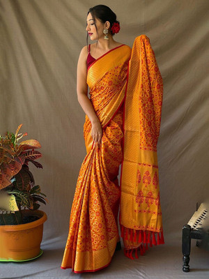 all about you Woven Patola Cotton Blend Saree(Yellow)