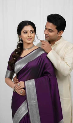 Tilfelle Solid/Plain, Woven Banarasi Satin Saree(Purple)