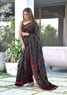 Divastri Blocked Printed, Printed Chanderi Cotton Blend Saree(Black)
