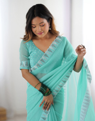 Satrani Embellished, Embroidered Bollywood Jimmy choo, Chiffon Saree(Blue)