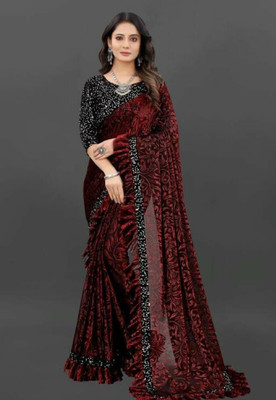 Rakholiya Floral Print Bollywood Lycra Blend Saree(Maroon)