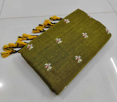 OSARIO Embroidered Handloom Pure Cotton Saree(Yellow)