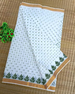 maa textile Self Design Handloom Cotton Blend Saree(White)