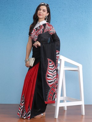 Sareemall Printed Chanderi Pure Cotton Saree(Black)