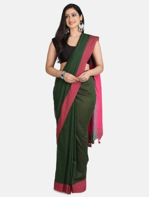 HouseOfCommon Solid/Plain Handloom Cotton Blend Saree(Dark Green)