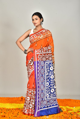 Ramshyam Collection Woven Kantha Pure Silk Saree(Orange)