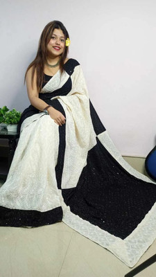 HouseOfCommon Color Block Lucknow Chikankari Chiffon Saree(Multicolor)