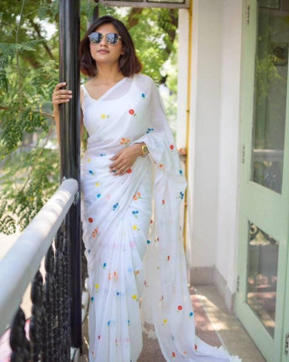 makalitraders Self Design Bollywood Pure Cotton Saree(White)