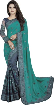 ZENBLAZE Printed, Digital Print, Striped, Self Design, Embroidered Bollywood Net, Art Silk Saree(Light Blue, Grey)