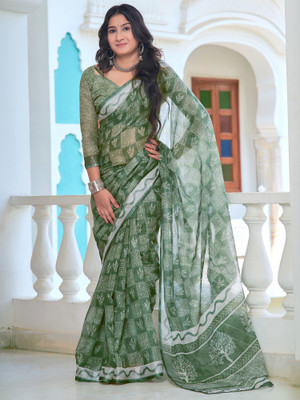 Anouk Rustic Digital Print Chinnalapattu Cotton Linen Saree(Green)