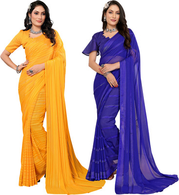 Anand Sarees Striped Bollywood Satin Saree(Pack of 2, Yellow, Blue)