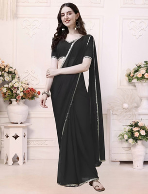Avishafab Solid/Plain Bollywood Georgette Saree(Black)