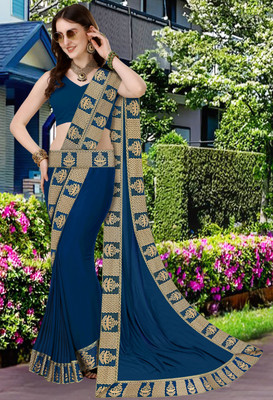 FabDaisy Printed Banarasi Lycra Blend Saree(Dark Blue)
