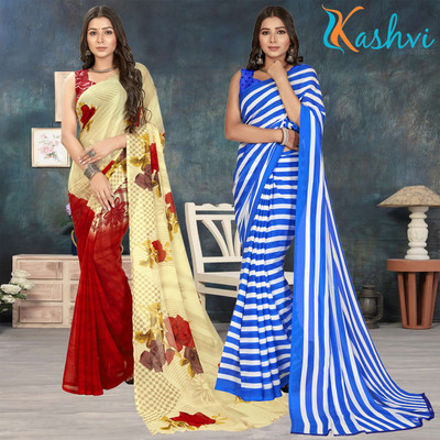 kashvi sarees Floral Print Daily Wear Georgette Saree(Pack of 2, Pink, Beige, Multicolor)
